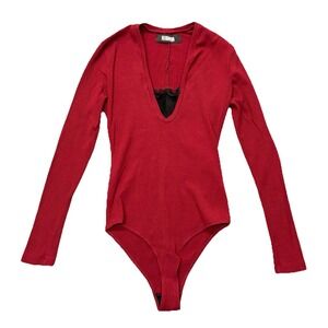 Reformation Bodysuit Ribbed Knit Long Sleeve V Neck Red Feminine Chic Size S
